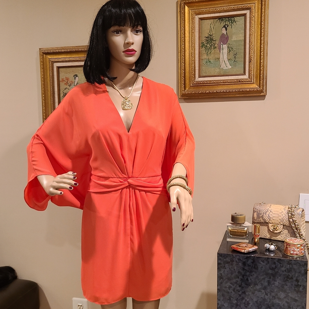 HALSTON WOMEN'S KIMONO SLEEVE V-NECK SILKY CREPE DE  CHINE DRESS SIZE 2 NWT